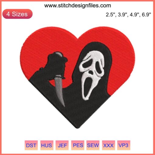 Ghostface Heart Embroidery Design - Spooky Halloween Scream Digitizing File with Knife and Heart Motif. Perfect for DIY Stitching.