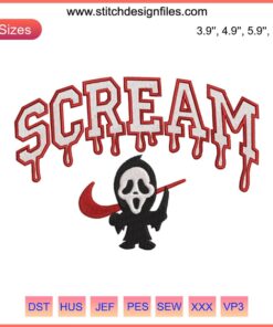 Scream Halloween Drip Embroidery Design: Ghostface Swoosh, Spooky Digitizing File, Perfect for Costume & Decor Stitching Projects.