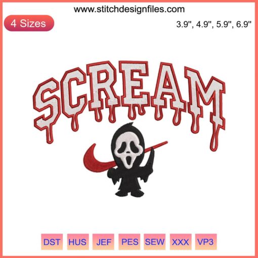 Scream Halloween Drip Embroidery Design: Ghostface Swoosh, Spooky Digitizing File, Perfect for Costume & Decor Stitching Projects.