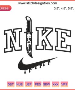 Knife Ghostface x Nike Embroidery Design featuring Halloween movie icon Ghostface holding a Nike knife, perfect for spooky embroidery.