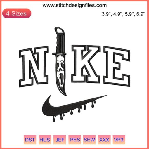 Knife Ghostface x Nike Embroidery Design featuring Halloween movie icon Ghostface holding a Nike knife, perfect for spooky embroidery.