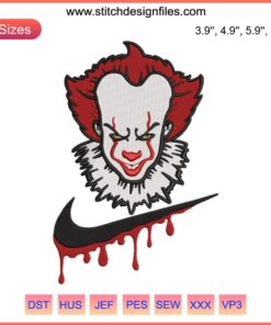 Pennywise Nike Swoosh Embroidery Design: Horror Halloween Clown, Scary Clown Embroidery File, Unique Halloween Apparel Design