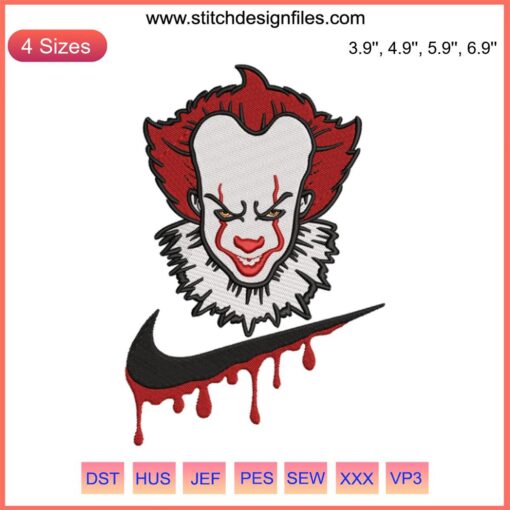 Pennywise Nike Swoosh Embroidery Design: Horror Halloween Clown, Scary Clown Embroidery File, Unique Halloween Apparel Design