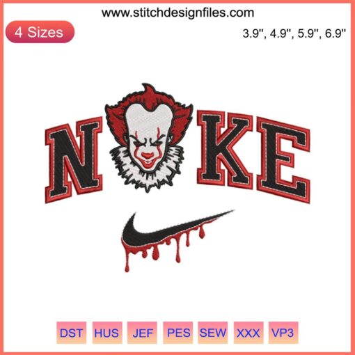 Nike Pennywise Drip Embroidery Design, Horror Halloween Digitizing File, Unique Clown Graphics, Scary Customization Pattern.
