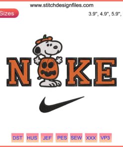 Nike Snoopy Pumpkin Embroidery Design, featuring Snoopy on a pumpkin with a Nike swoosh, perfect for Halloween crafting.