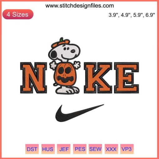 Nike Snoopy Pumpkin Embroidery Design, featuring Snoopy on a pumpkin with a Nike swoosh, perfect for Halloween crafting.