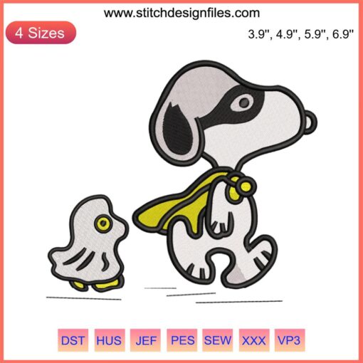 Halloween Snoopy & Woodstock Embroidery Design: Funny Digitized Super Snoopy in Costume, High-Quality Embroidery File for Halloween Crafts.