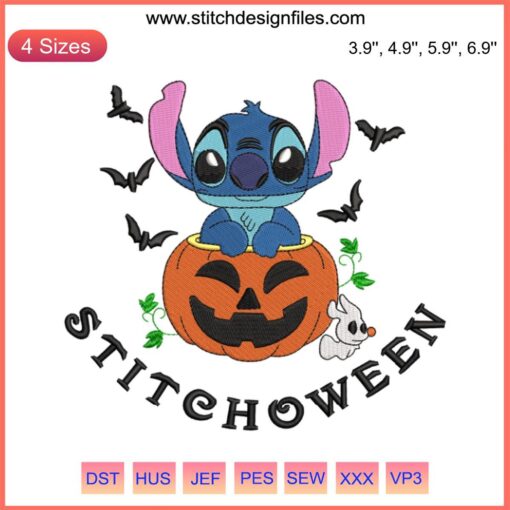 Stitchoween Disney Embroidery Design: Cute Halloween Stitch with Pumpkin, Digital Embroidery File