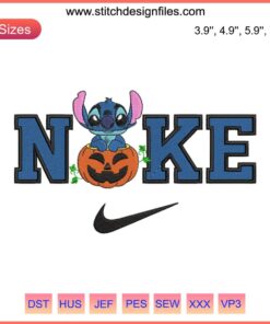 Nike Stitch Pumpkin Embroidery Design featuring Disney's Stitch in a pumpkin, Halloween decor, trendy embroidery digitizing file.