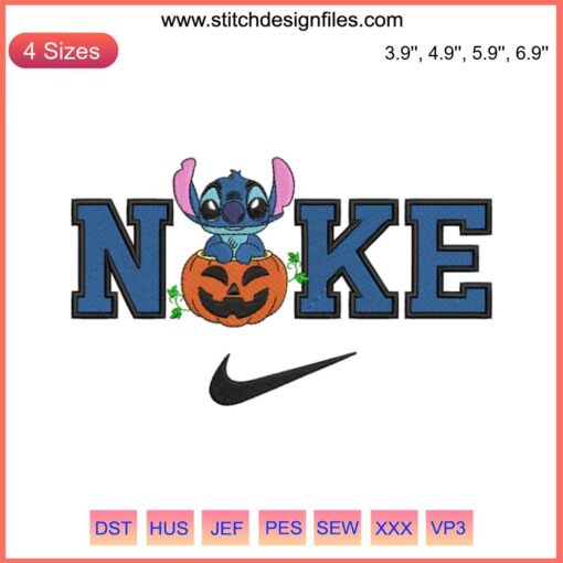 Nike Stitch Pumpkin Embroidery Design featuring Disney's Stitch in a pumpkin, Halloween decor, trendy embroidery digitizing file.