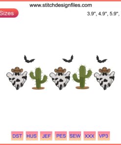 "Cowboy Ghost Cow Embroidery Design: Halloween-themed digitized file featuring a whimsical cowboy hat-wearing ghost cow."