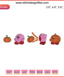 Kirby Pumpkin Halloween Embroidery Design featuring game character Kirby dressed as a pumpkin; perfect Halloween digitizing file.