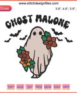 Ghost Malone Halloween Flowers Embroidery Design | Digitizing File | Unique Spooky Embroidery Pattern with Floral Elements