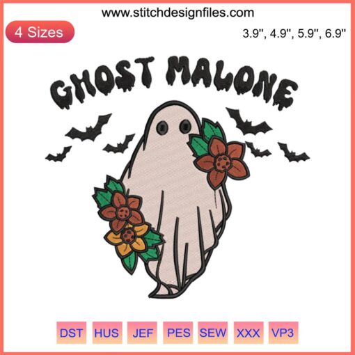 Ghost Malone Halloween Flowers Embroidery Design | Digitizing File | Unique Spooky Embroidery Pattern with Floral Elements