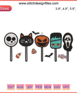 Halloween Lollipops Horror Embroidery Design featuring spooky candy motifs, perfect for Halloween embroidery projects.