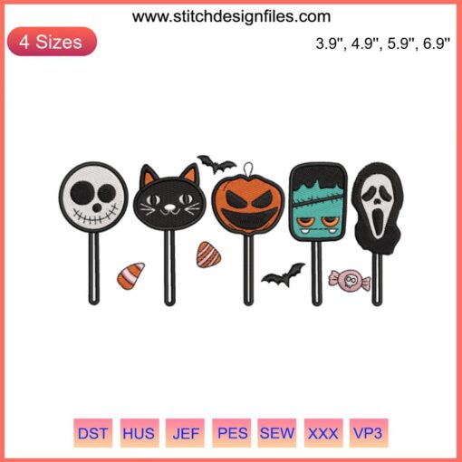 Halloween Lollipops Horror Embroidery Design featuring spooky candy motifs, perfect for Halloween embroidery projects.