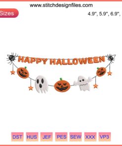 Halloween hanging decorations embroidery design file featuring pumpkins, ghosts, and bats. Perfect for Halloween decor projects.