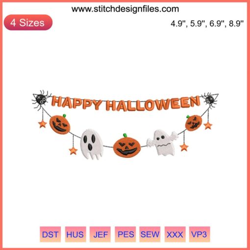 Halloween hanging decorations embroidery design file featuring pumpkins, ghosts, and bats. Perfect for Halloween decor projects.