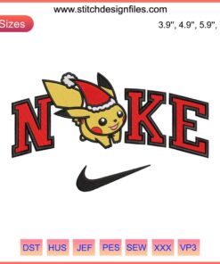Pikachu in Santa hat Nike logo embroidery design, Pokemon Christmas embroidery file, festive digital product for holiday projects.