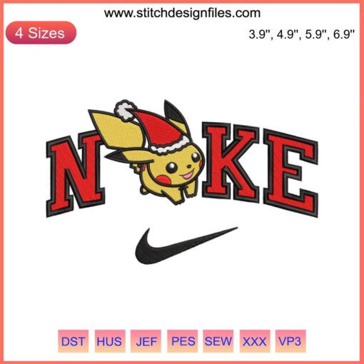 Pikachu in Santa hat Nike logo embroidery design, Pokemon Christmas embroidery file, festive digital product for holiday projects.
