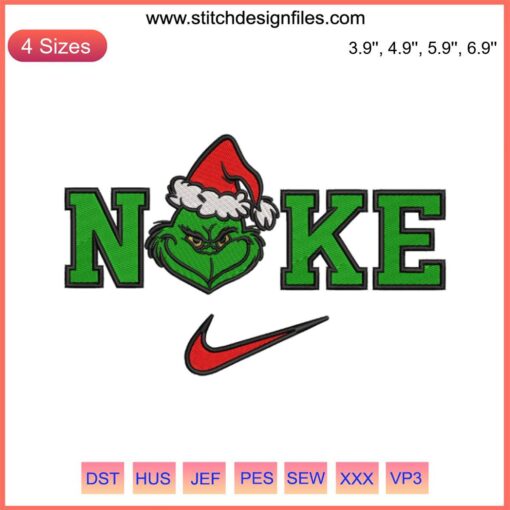 Grinch Face Embroidery Design | Christmas Thief Stitching | Festive Nike Logo Emblem | Perfect for Holiday Crafts