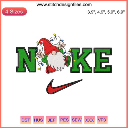 Christmas Nike Gnome Embroidery Design | Adorable Gnome with Santa Hat and Nike Logo Stitching | Digitizing File for Holiday Crafts