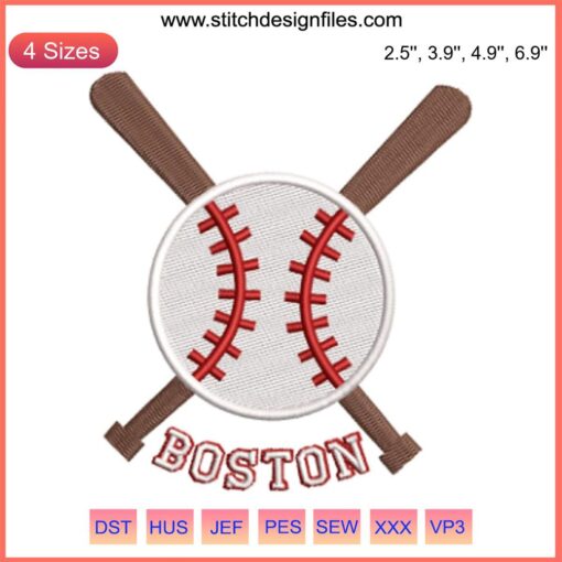 Boston Red Sox-themed baseball embroidery design, digitized sport vector file, intricate red and white stitching pattern.