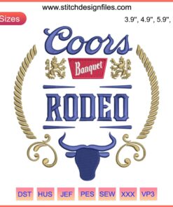 Embroidery design featuring Coors Banquet Rodeo Beer logo, ideal for digital digitizing files. Perfect for beer-themed embroidery projects.