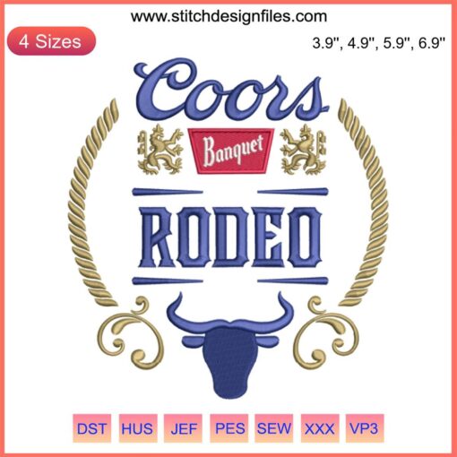 Embroidery design featuring Coors Banquet Rodeo Beer logo, ideal for digital digitizing files. Perfect for beer-themed embroidery projects.