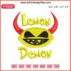 Lemon Demon Logo Embroidery Design featuring a stylized lemon face for a music band. Digitized file for embroidery projects.