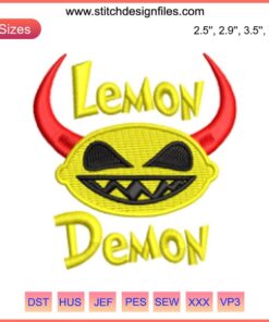 Lemon Demon Logo Embroidery Design featuring a stylized lemon face for a music band. Digitized file for embroidery projects.