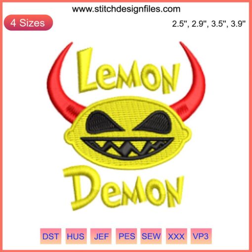 Lemon Demon Logo Embroidery Design featuring a stylized lemon face for a music band. Digitized file for embroidery projects.