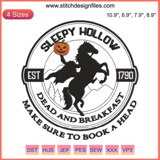 Sleepy Hollow Est 1790 Embroidery Design: Halloween-themed digitizing file with eerie fonts perfect for cozy, spooky projects.