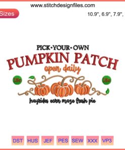 "Vibrant pumpkin patch embroidery design, perfect for Halloween projects. Detailed digitizing file for DIY embroidery enthusiasts."