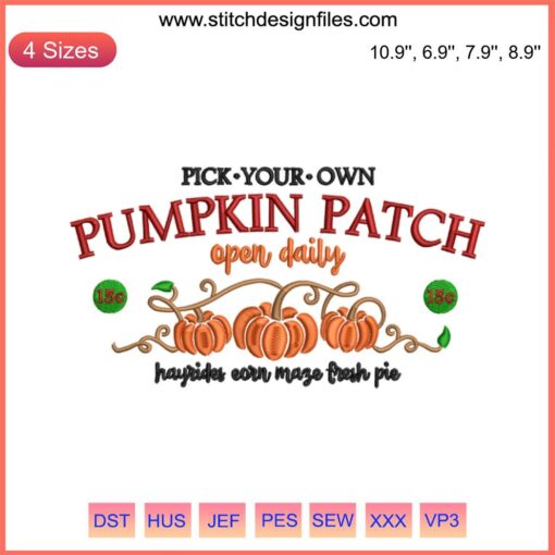 "Vibrant pumpkin patch embroidery design, perfect for Halloween projects. Detailed digitizing file for DIY embroidery enthusiasts."