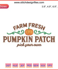 Farm Fresh Pumpkin Patch Embroidery Design: Halloween Fall-themed digital file with pumpkins and autumn accents.