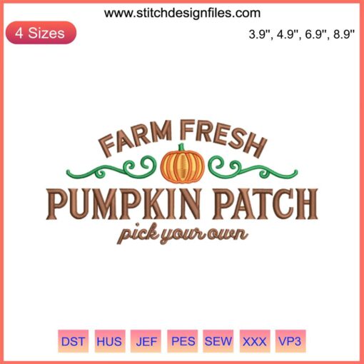 Farm Fresh Pumpkin Patch Embroidery Design: Halloween Fall-themed digital file with pumpkins and autumn accents.