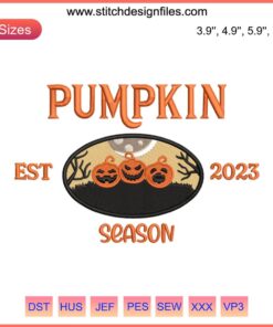 "Pumpkin Season Embroidery Design: Halloween-themed digital stitching featuring funny pumpkin graphics, perfect for fall crafting."