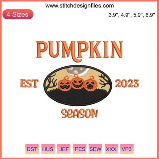 "Pumpkin Season Embroidery Design: Halloween-themed digital stitching featuring funny pumpkin graphics, perfect for fall crafting."
