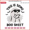 "Funny ghost in embroidery design with 'This Is Some Boo Sheet' text. Halloween digital stitching, quirky sewing pattern."