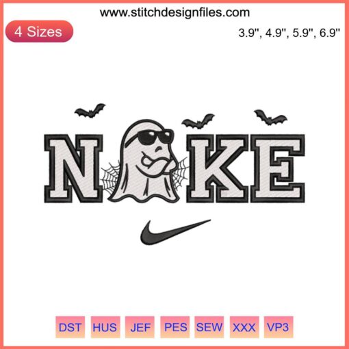 Nike Funny Ghost Embroidery Design: Cartoon Ghost with Sneakers, Halloween Digital Stitching, Whimsical Apparel Accessory