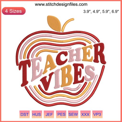 "Teacher Vibes Apple Embroidery Design | Retro First Day of School Digitizing File | Download for DIY Projects"