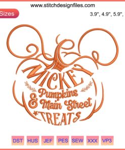 Digital embroidery file: Halloween-themed Mickey Pumpkins & Main Street design, perfect for Disney embroidery enthusiasts.
