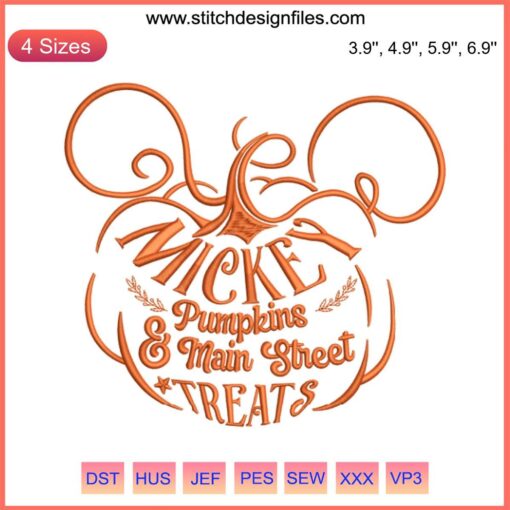 Digital embroidery file: Halloween-themed Mickey Pumpkins & Main Street design, perfect for Disney embroidery enthusiasts.
