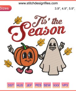 Retro Pumpkin and Ghost Halloween Embroidery Design, Tis The Season Digital File, Vintage Embroidery Pattern