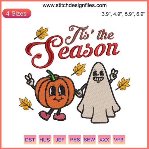 Retro Pumpkin and Ghost Halloween Embroidery Design, Tis The Season Digital File, Vintage Embroidery Pattern