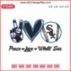 Peace Love White Sox Baseball Embroidery Design: Chicago White Sox logo, baseball, peace and heart motifs in digital stitching.