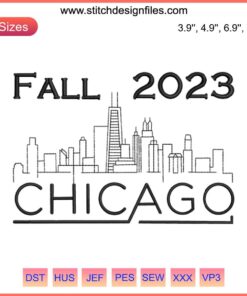 Chicago skyline with skyscrapers, Fall 2023 embroidery design, digitized file, high-quality embroidery pattern, cityscape stitching.