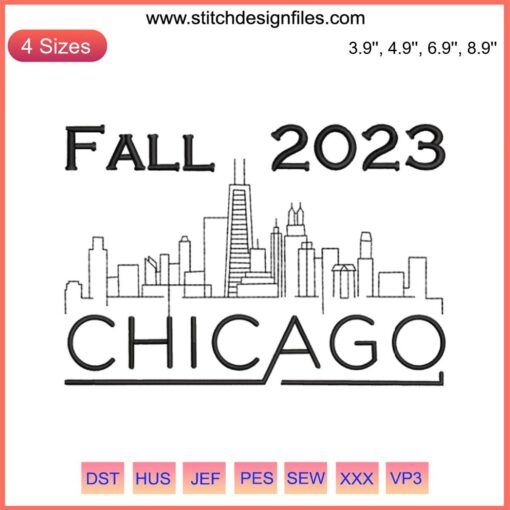 Chicago skyline with skyscrapers, Fall 2023 embroidery design, digitized file, high-quality embroidery pattern, cityscape stitching.