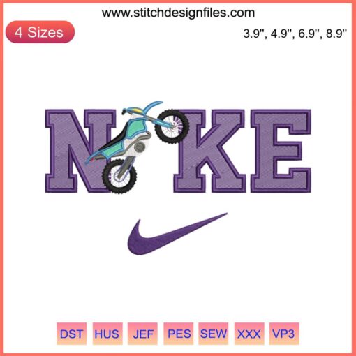 Motorbike Nike Embroidery Design, featuring dynamic sports stitching with the iconic Nike swoosh, perfect for apparel embellishment.